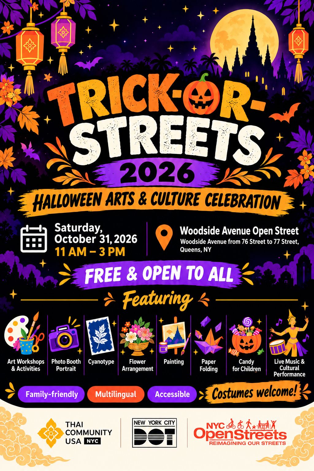 Trick-or-Streets 2026 Halloween Arts & Culture Celebration flyer, October 31, 11 AM–3 PM, Woodside Avenue Open Street